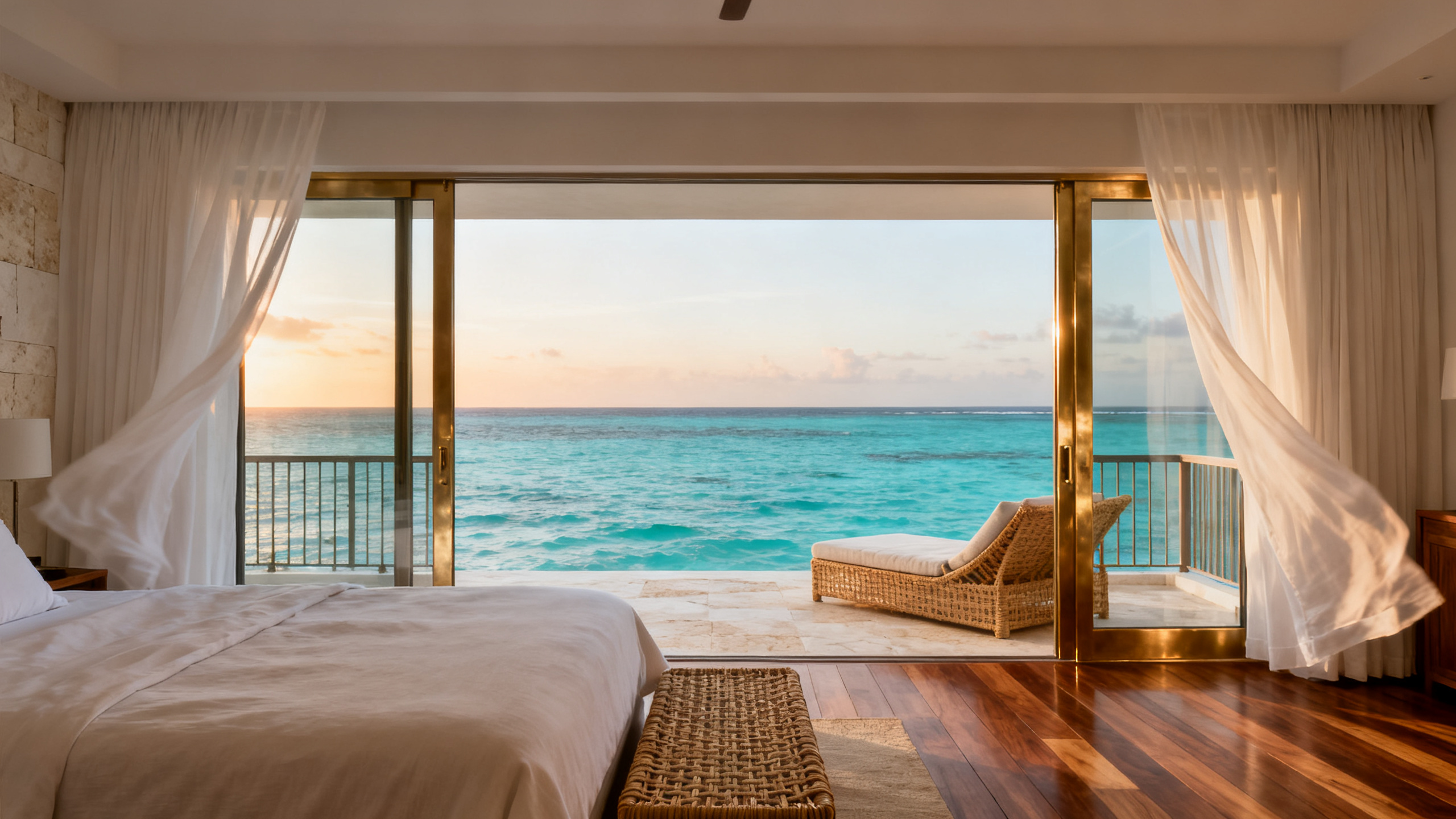 Ocean-view suite with a linen-dressed bed facing floor-to-ceiling glass and a private balcony.
