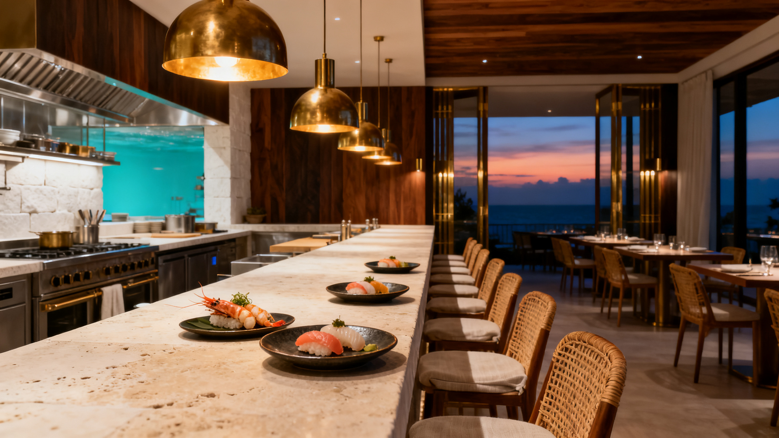 Chef's counter at dusk under brass pendants, plated seafood and sushi on dark ceramic.