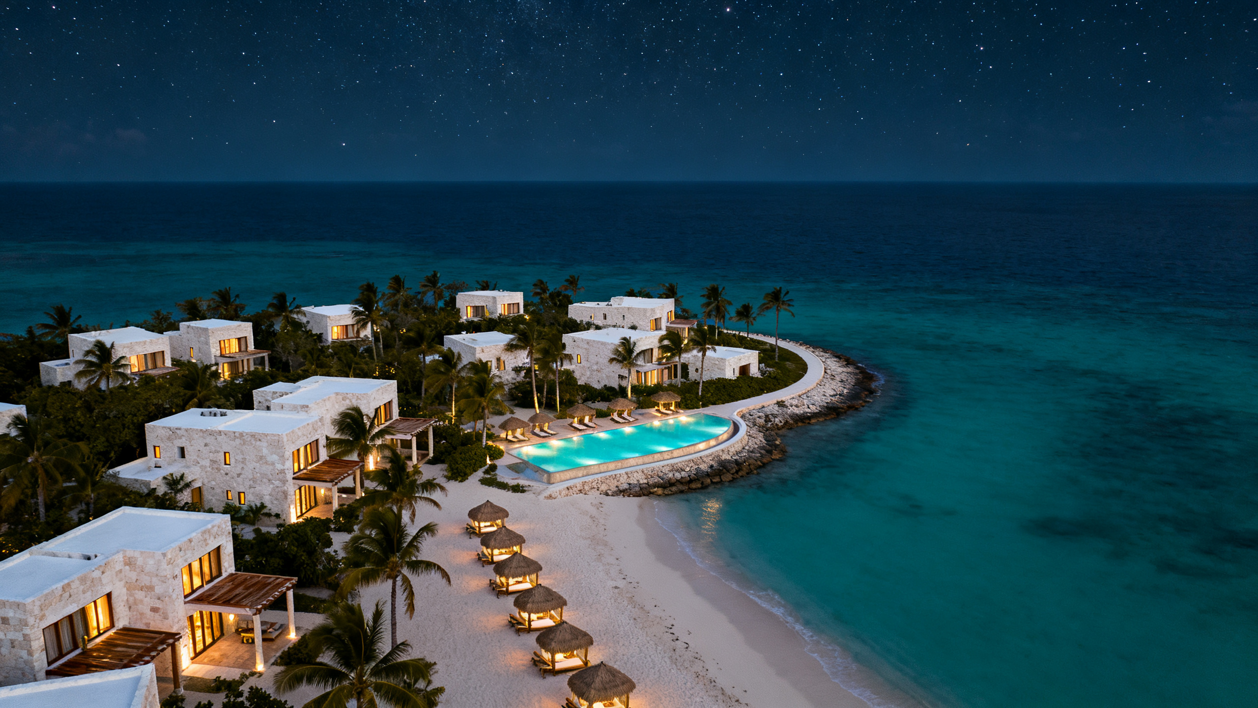 Night aerial of the resort: low white buildings among palms on a curving point, lit pool and beach below.